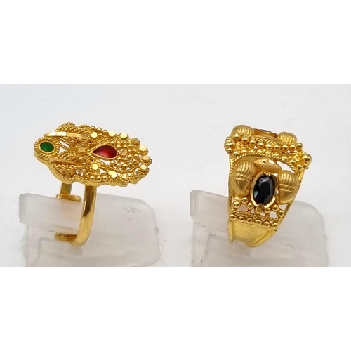 313 - Two 22k Yellow Gold Stone Set Rings - Size L and M - total weight - 9.8g Plus a pair of 20k gold sto... 