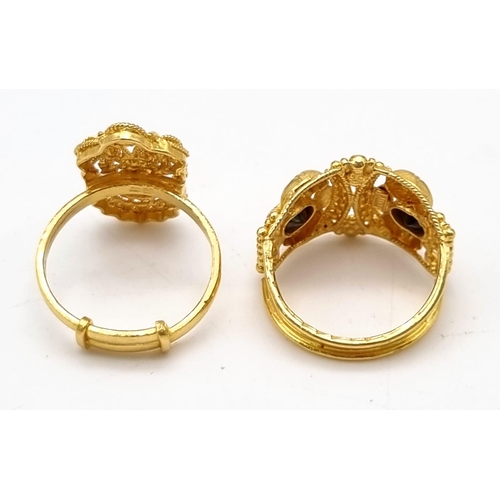 313 - Two 22k Yellow Gold Stone Set Rings - Size L and M - total weight - 9.8g Plus a pair of 20k gold sto... 