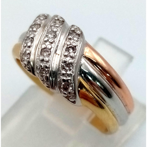 911 - A 14 K three colour gold ring with three crossing over diamond bands and engraved inside: TODAY, TOM... 