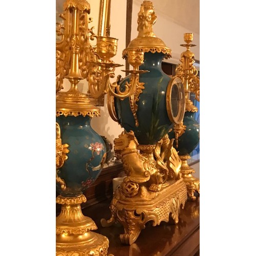 874 - A Magnificent French 19th Century gilt bronze and champleve enamel porcelain mantel garniture - In t... 