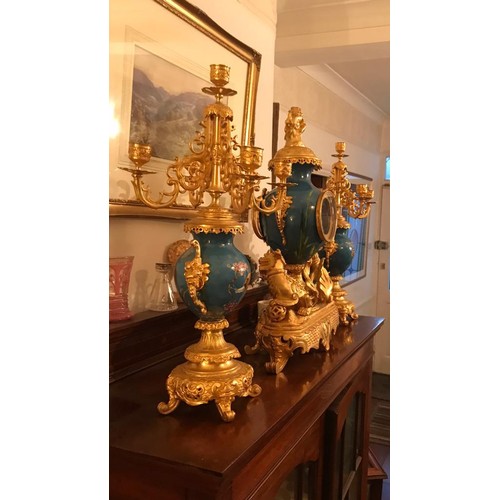 874 - A Magnificent French 19th Century gilt bronze and champleve enamel porcelain mantel garniture - In t... 