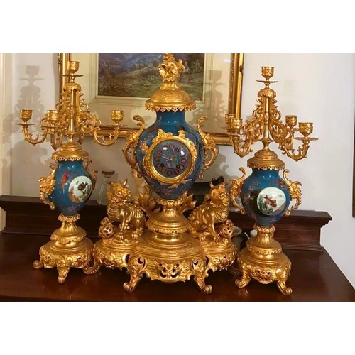 874 - A Magnificent French 19th Century gilt bronze and champleve enamel porcelain mantel garniture - In t... 