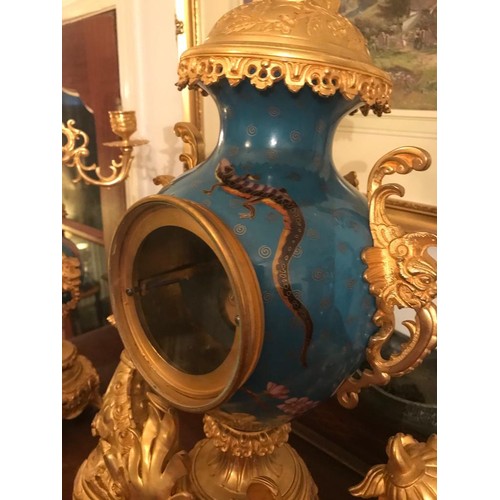 874 - A Magnificent French 19th Century gilt bronze and champleve enamel porcelain mantel garniture - In t... 