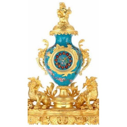 874 - A Magnificent French 19th Century gilt bronze and champleve enamel porcelain mantel garniture - In t... 