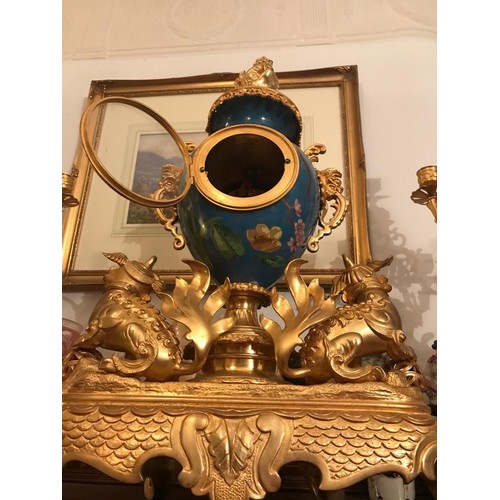 874 - A Magnificent French 19th Century gilt bronze and champleve enamel porcelain mantel garniture - In t... 