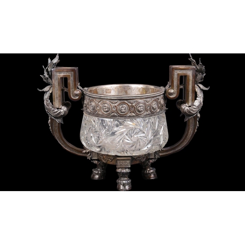 981 - Antique massive early 20th Century Russian solid silver & cut crystal punch bowl round shaped and mo... 