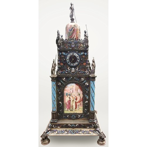 988 - Rare four Sided Austrian solid silver and enamel tower clock Herman Boehm of Vienna.

An Austrian si... 