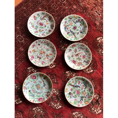 256 - Set of 6 Chinese antique famille rose and celadon-glazed Phoenix plates, 19th century, each shallow ... 