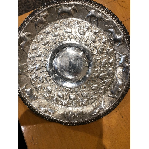 370 - A large white metal Burmese/Indian tray 
Diameter 30cm 
Weight 320.4 grams 