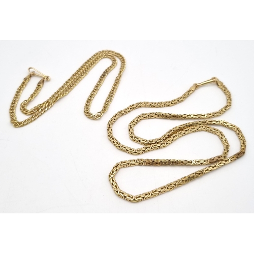 553 - Two 14k Yellow Gold Chains: A Complex Link- 60cm and a flat belcher link - 48cm. 73.65g total weight... 