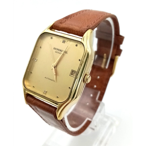 690 - A Vintage Raymond Weil Automatic Gents Watch. Brown leather strap. Square case - 30 x 30mm. Gilded d... 