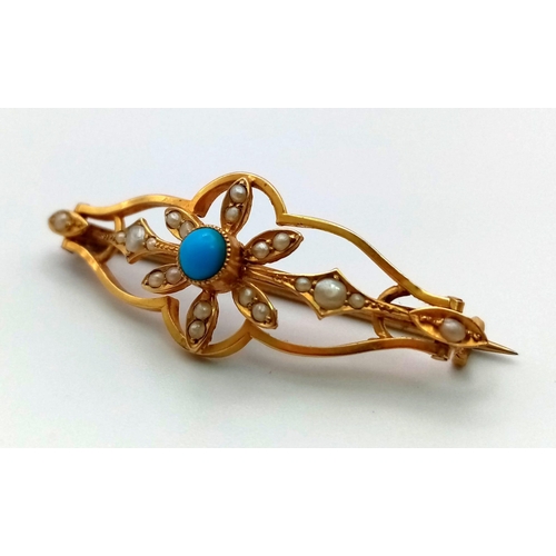 972 - An Antique 10K Plus Gold Turquoise and Seed Pearl Brooch. Back pin has been replaced with white meta... 