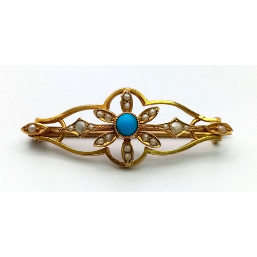 972 - An Antique 10K Plus Gold Turquoise and Seed Pearl Brooch. Back pin has been replaced with white meta... 