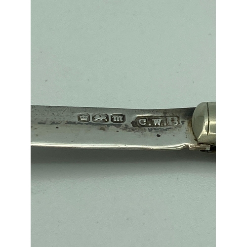 139 - Antique SILVER BLADED FRUIT KNIFE with nicely engraved mother of pearl handle and having clear hallm... 