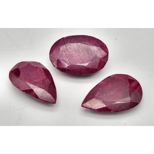 396 - 256.95 Ct Faceted Natural Colour Enhanced Ruby Gemstones Lot of 3 Pcs