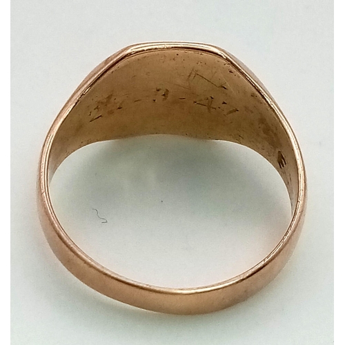 671 - 9k rose gold signet ring. 4.6g, size P.