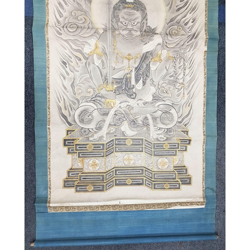 69 - AN ANTIQUE JAPANESE FUDO MIYO KAKIJIKU PAINTING, 250 - 300 YEARS OLD. 
A VERY DELICATE WITH SILK ON ... 