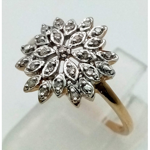 850 - 9k yellow gold diamond set spray cluster ring. 2.2g, size P1/2.