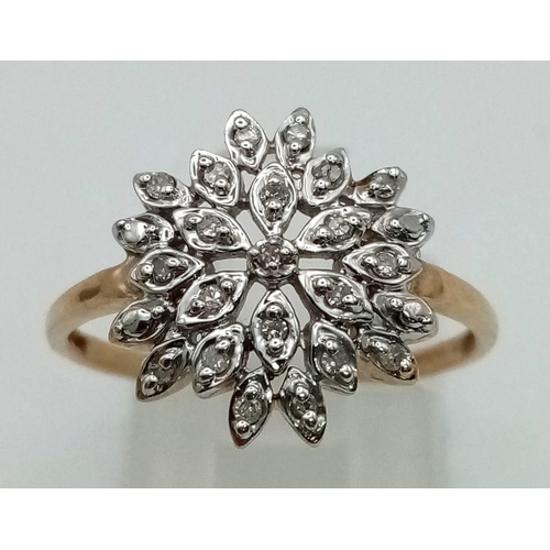 850 - 9k yellow gold diamond set spray cluster ring. 2.2g, size P1/2.