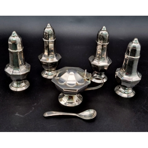 903 - Silver plated condiment set in presentation box. Engraved presented by Stamford Bridge Stadium Ltd. ... 