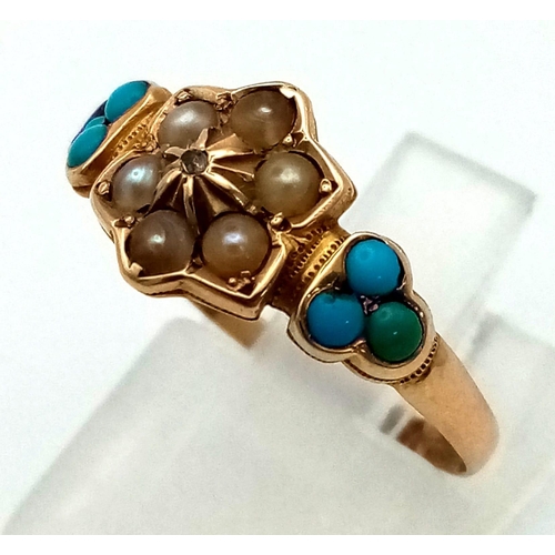 1047 - 9k yellow gold vintage turquoise and seed pearl ring. 2g, size O.