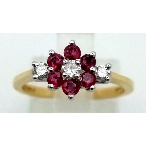 223 - 18k yellow gold diamond and ruby cluster ring. 3g, size K.