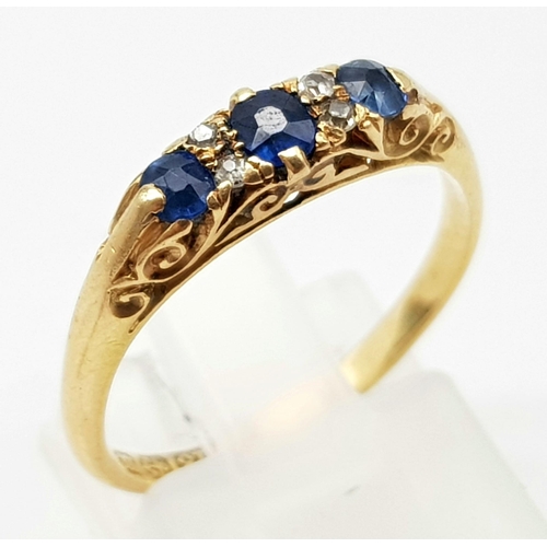 405 - 18k yellow gold vintage diamond and sapphire ring. 2.7g, size O.