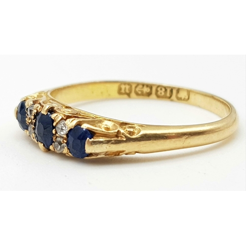 405 - 18k yellow gold vintage diamond and sapphire ring. 2.7g, size O.