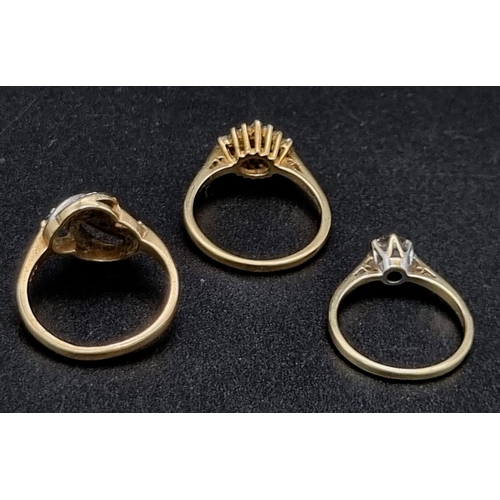 586 - Three 9K Yellow Gold Stone Set Rings. Size K, M and N. 7.45g total weight. Ref: 3872.