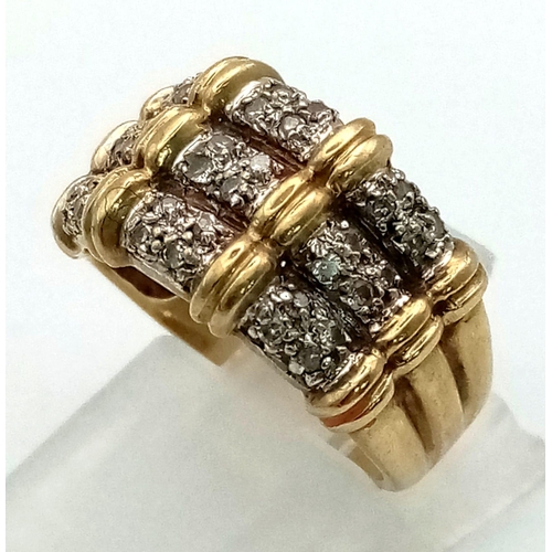 657 - 9k yellow gold bamboo 3 row diamond ring. 0.25ct, 3.75g, size K.