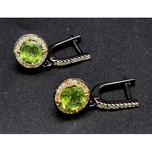 895 - Stunning Pair of Black Coated Sterling Silver 8mm Diameter Peridot and Zircon Dangle Earrings 12mm o... 