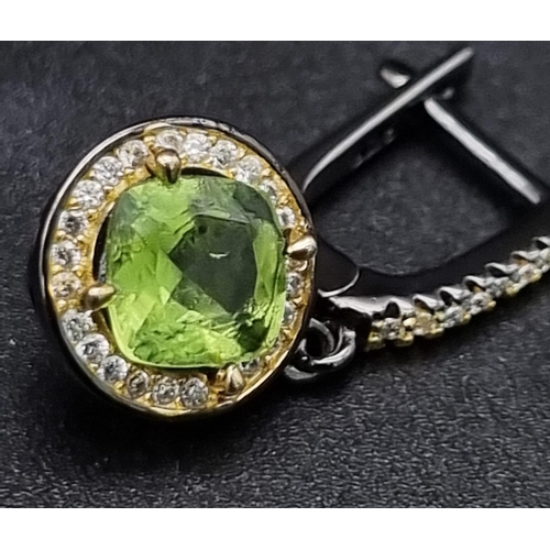 895 - Stunning Pair of Black Coated Sterling Silver 8mm Diameter Peridot and Zircon Dangle Earrings 12mm o... 