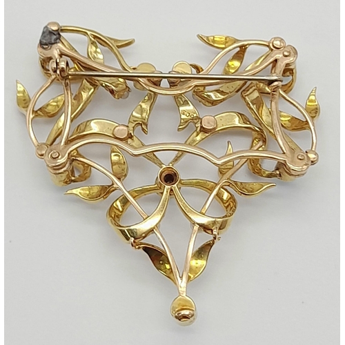 805 - A VICTORIAN 15K GOLD BROOCH WITH SEED PEARLS AND TURQUOISE,  14.3gms  5 x 4.5cms