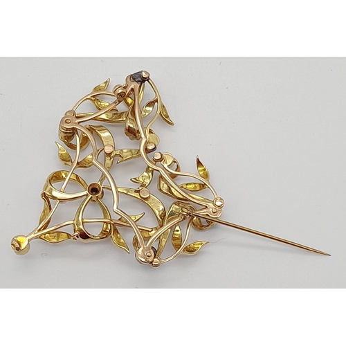 805 - A VICTORIAN 15K GOLD BROOCH WITH SEED PEARLS AND TURQUOISE,  14.3gms  5 x 4.5cms