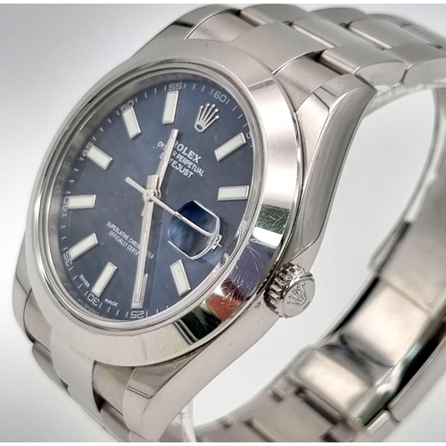 31 - A Rolex Perpetual Oyster Datejust Gents Watch. Metallic blue dial. Automatic movement. Stainless ste... 
