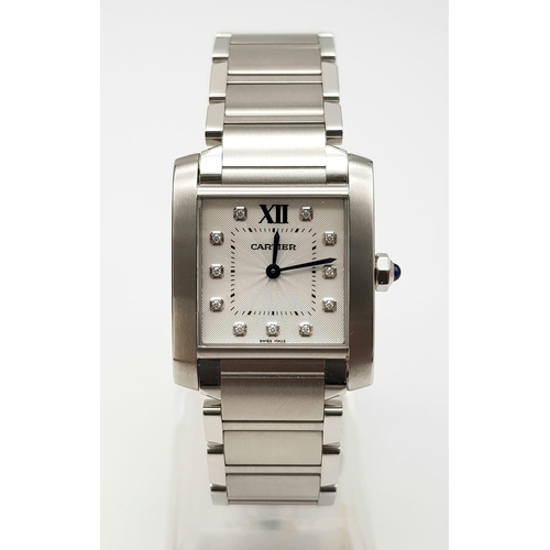 50 - A Cartier Diamond Tank Watch. Stainless steel strap and case - 25 x 30mm. White dial with diamonds o... 