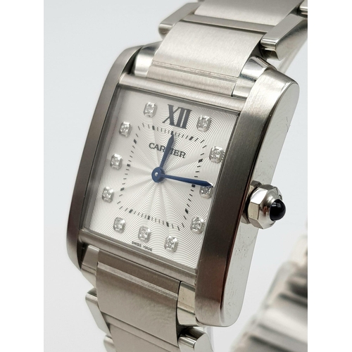 50 - A Cartier Diamond Tank Watch. Stainless steel strap and case - 25 x 30mm. White dial with diamonds o... 