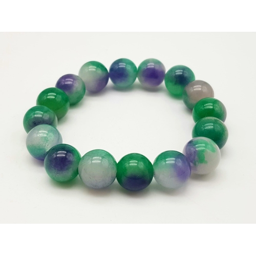 686 - A Purple-Green Jade Necklace and Matching Bracelet. 12mm beads. Expandable bracelet. Necklace - 42cm... 