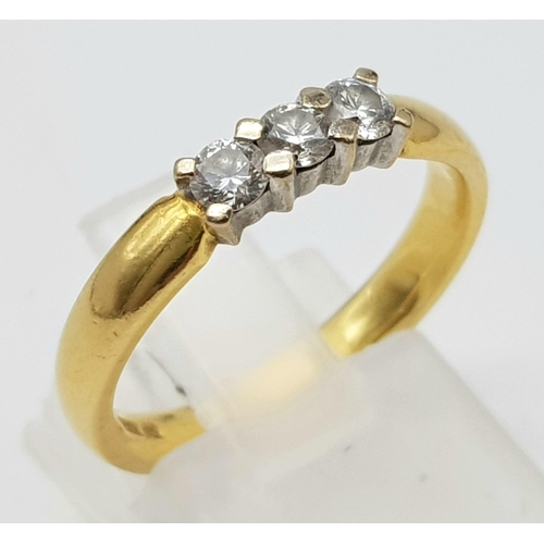 707 - 18K YELLOW GOLD DIAMOND TRILOGY RING,
 0.30CT DIAMONDS
WEIGHS 4.3G
SIZE N