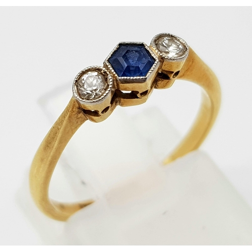 792 - 18K YELLOW GOLD AND PLATINUM VINTAGE 3 STONE DIAMOND AND SAPPHIRE RING 
WEIGHS 1.8G
SIZE J