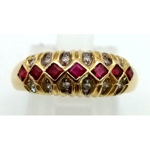 230 - 18k yellow gold diamond and ruby 3 row band ring. 4.2g, size M.