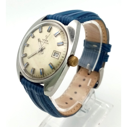 418 - A VINTAGE YEMA WATCH WITH AUTOMATIC MOVEMENT AND STRIKING BLUE LEATHER STRAP.36mm