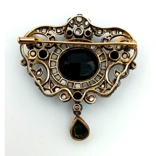 791 - A VICTORIAN DIAMOND AND BLUE/BLACK STONE BROOCH SET IN GOLD AND SILVER  19.5gms WITH OVER 2CT OF OLD... 