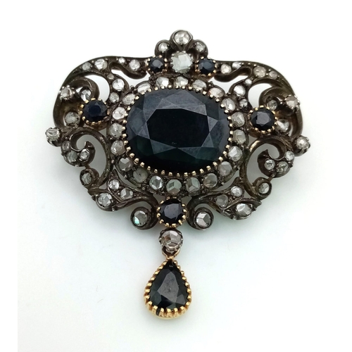 791 - A VICTORIAN DIAMOND AND BLUE/BLACK STONE BROOCH SET IN GOLD AND SILVER  19.5gms WITH OVER 2CT OF OLD... 