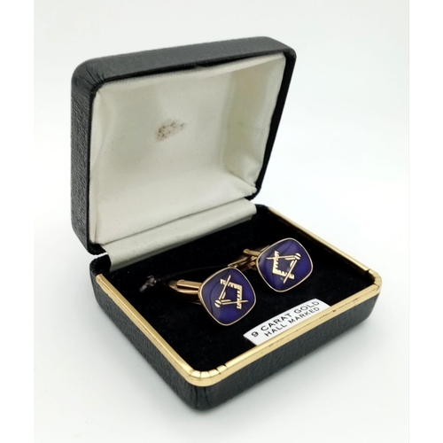 826 - A PAIR OF 9K GOLD AND ENAMEL MASONIC CUFF LINKS.10.6gms