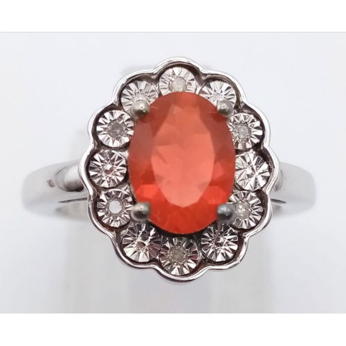 923 - New Limited Edition of 171 Pieces Sterling Silver Fire Opal and Diamond Ring Size J. 0.79 Carats Tot... 