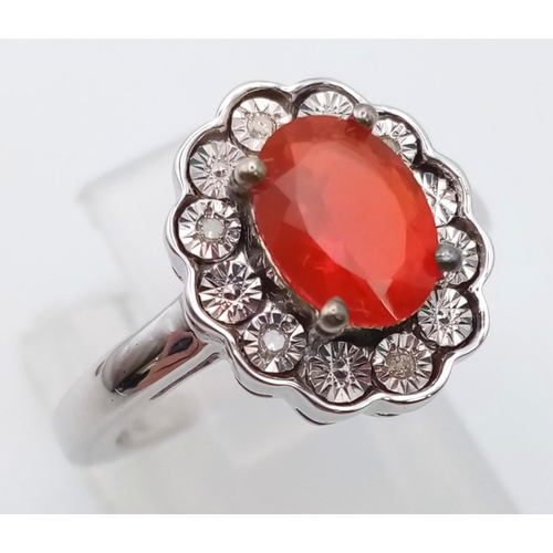 923 - New Limited Edition of 171 Pieces Sterling Silver Fire Opal and Diamond Ring Size J. 0.79 Carats Tot... 