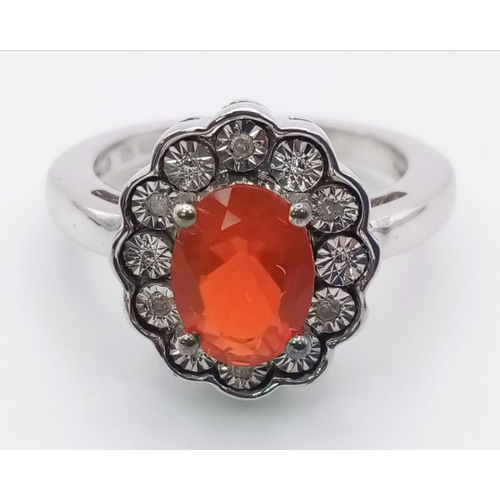 923 - New Limited Edition of 171 Pieces Sterling Silver Fire Opal and Diamond Ring Size J. 0.79 Carats Tot... 