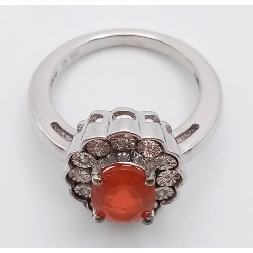 923 - New Limited Edition of 171 Pieces Sterling Silver Fire Opal and Diamond Ring Size J. 0.79 Carats Tot... 