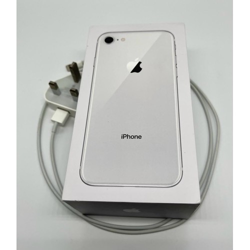 349 - An iPhone 8 with Box and Charger. 64gb silver-tone case. In working order (see photo) but because of... 